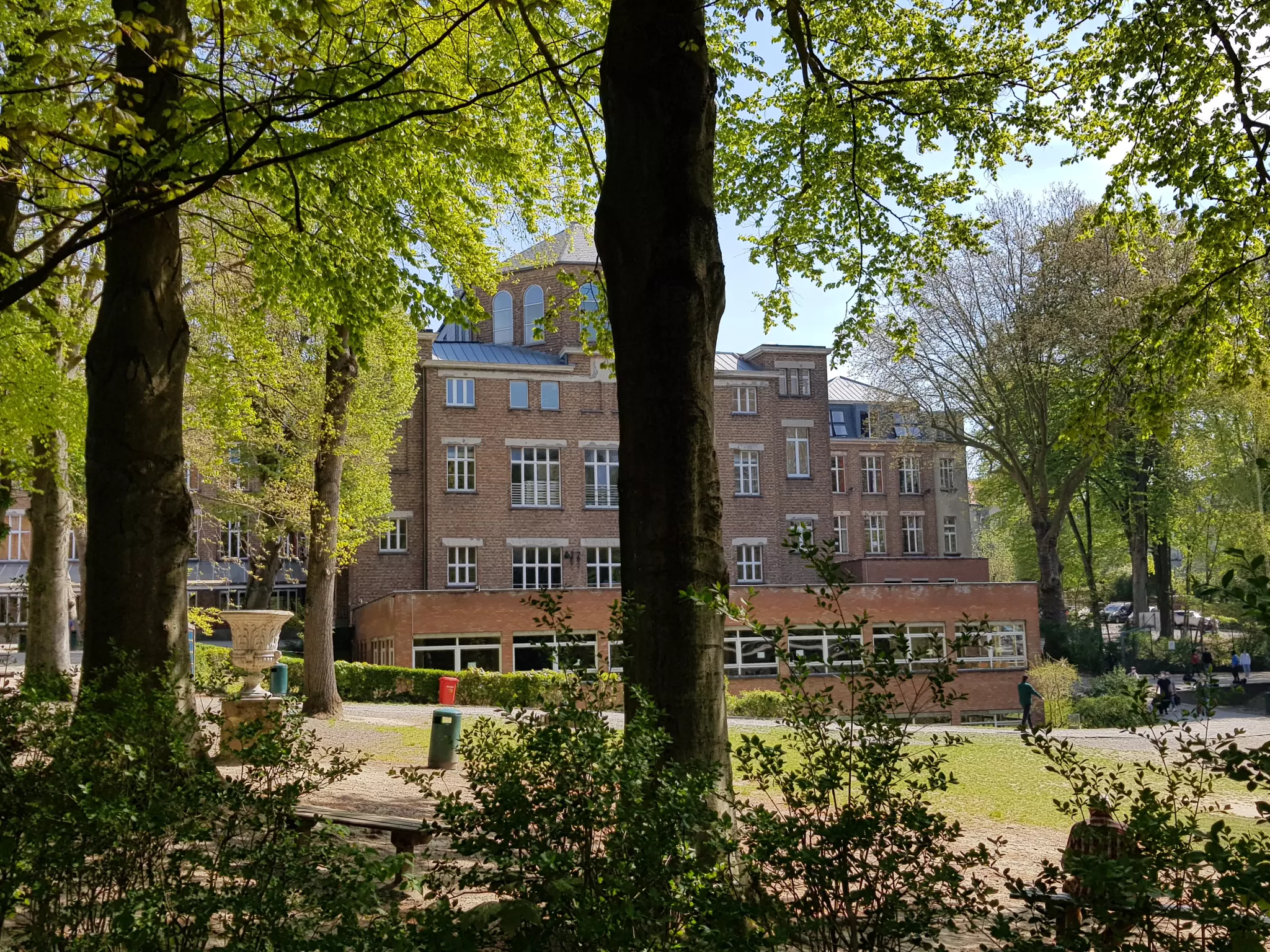 Le bâtiment de l’école vu à travers les grands arbres du parc, au printemps