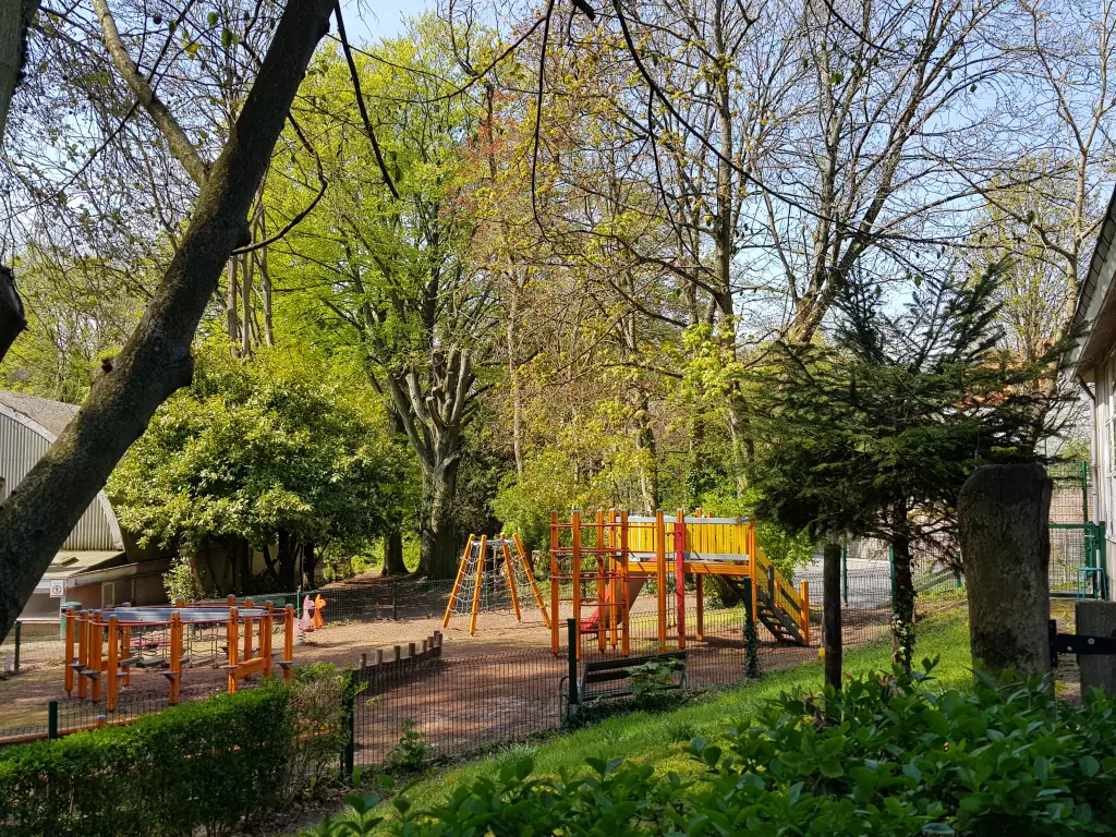 Aire de jeux et tables sous les arbres du parc