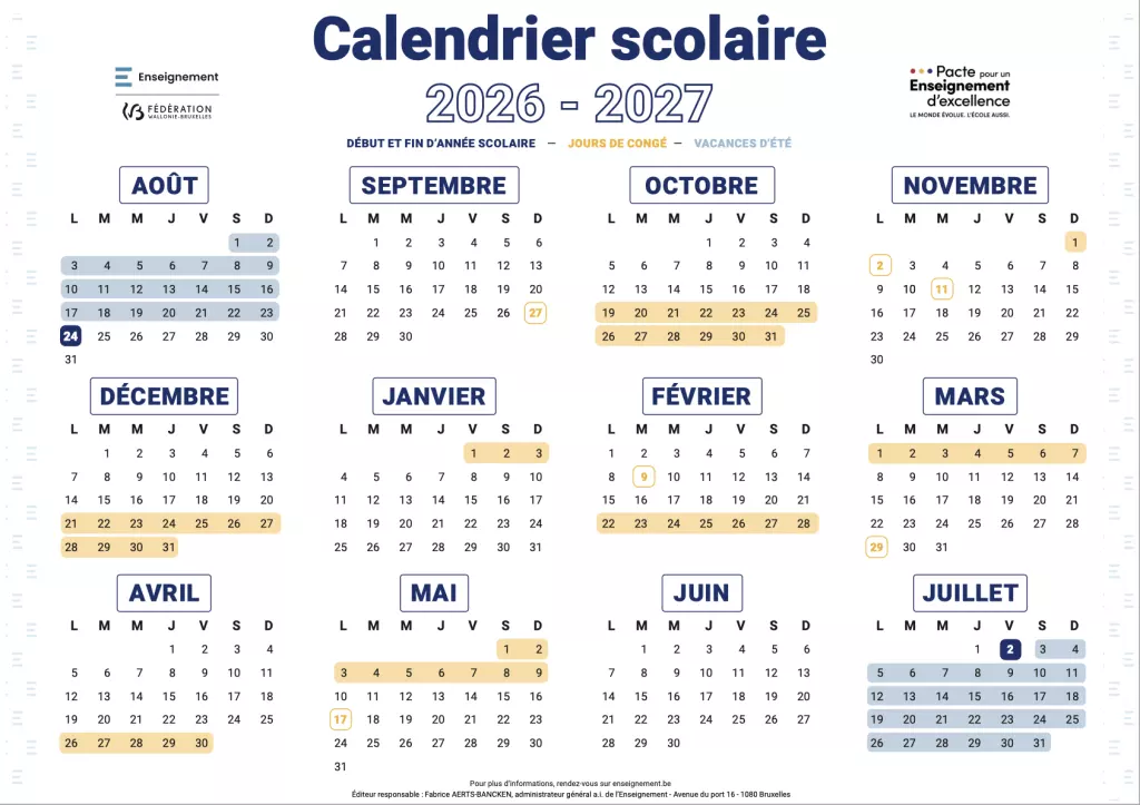 Calendrier scolaire 2026-2027 de la Fédération Wallonie-Bruxelles, avec les jours de congé et les vacances de l’année (détail dans l’agenda)