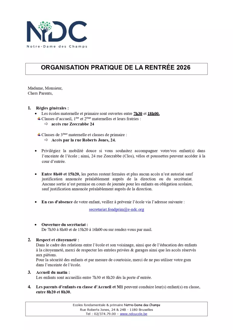 Organisation pratique de la rentrée 2026